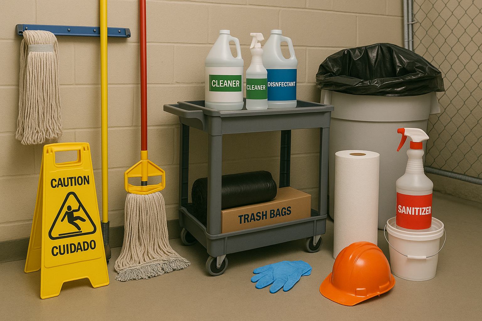 Environmental services back-of-house area with mops, chemicals, trash bags and safety supplies